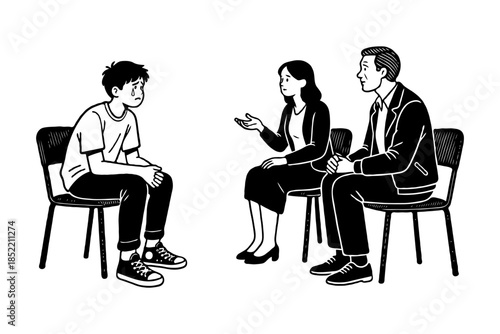 Sad teen boy sitting across from two adults in a serious talk, black and white sketch on white background, concept of family intervention