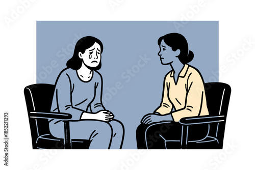 Depressed woman crying during a counseling session with a therapist, flat art style, sitting in chairs on a blue background, concept of mental health support