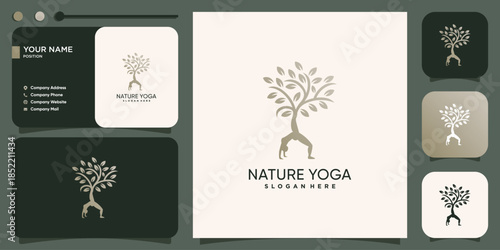 Yoga logo with nature tree concept Premium Vector