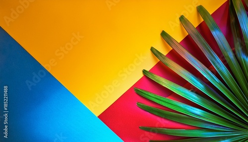 Vibrant Green Leaves On Colorful Background Tropical Foliage Red Yellow Blue Abstract