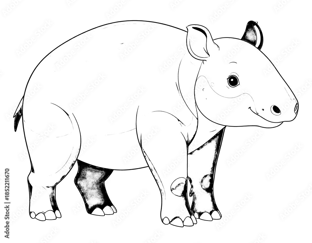Fototapeta premium Cute Tapir Illustration, Black and White Line Art Animal Drawing