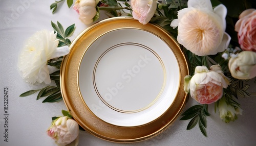 Elegant White Ceramic Plate On A Gold Stand With Pastel Floral Arrangement In The Background