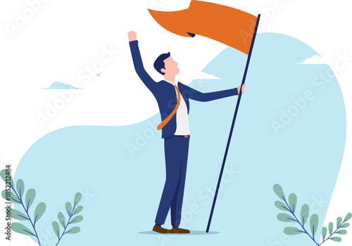 Business triumph vector illustration - Businessman raising flag cheering with hand in air on white background. Winner and success concept.