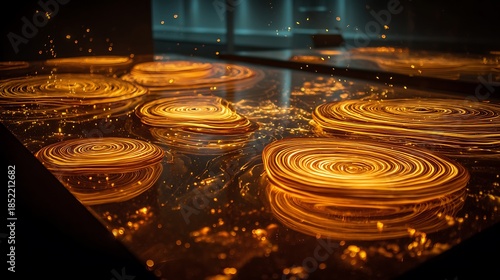 Gold coins shine on a black background with festive Christmas decorations and colorful casino carnival lights at night