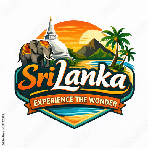 Illustrated Sri Lanka logo featuring elephant, stupa, and tropical island scenery