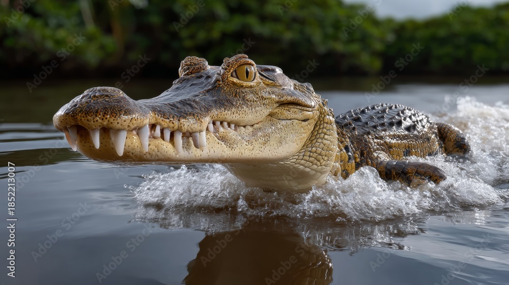 Obraz premium Large crocodile swimming in calm water, showcasing sharp teeth and textured skin, surrounded by lush greenery, capturing the essence of wildlife in its natural habitat