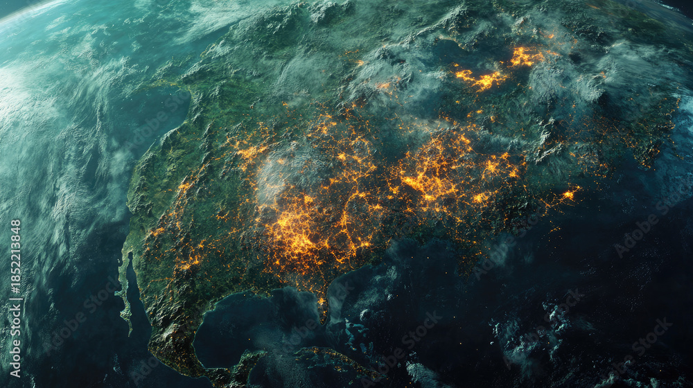 Obraz premium The vibrant lights of a continent illuminate from space, showcasing a stunning view of civilization and geographical formations from above AI Generative