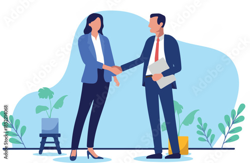 Businessman and businesswoman handshake - Man and woman shaking hands over deal and agreement in office smiling and greeting. Flat design vector stock illustration with white background