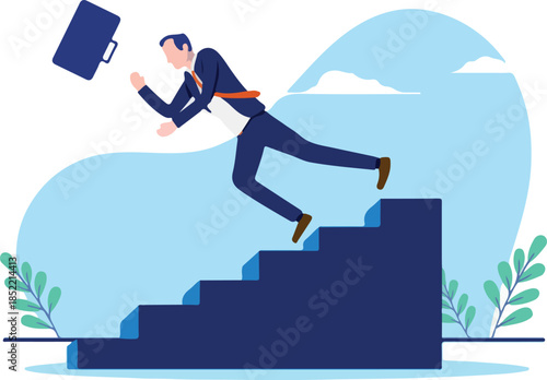 Businessman failure - Unlucky man falling down stairs in corporate suit. Business and career fail concept. Flat design vector illustration with white background