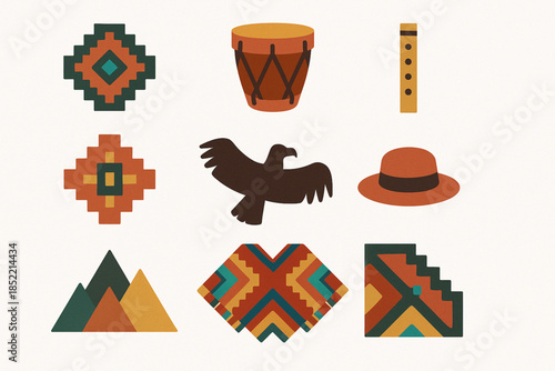 Colombian Andean Culture Icon Set with Woven Textiles, Chirimía Drum and Condor