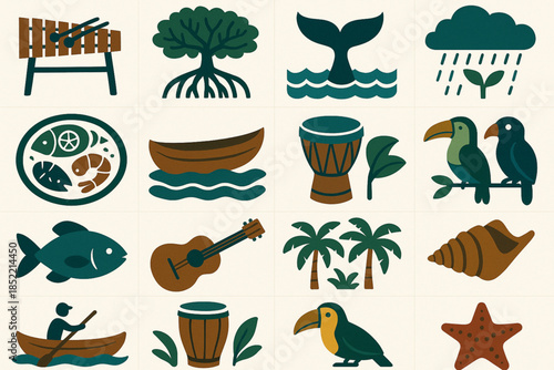 Colombian Pacific Coast Icon Set with Marimba, Mangrove and Tropical Wildlife