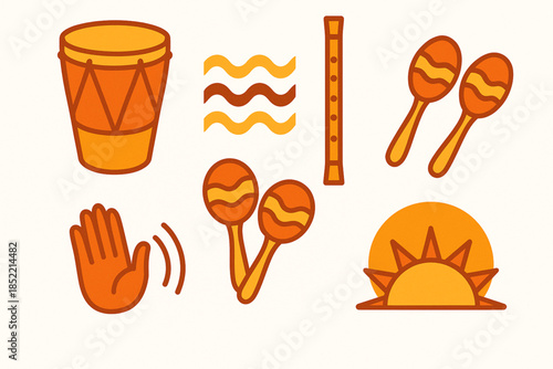 Colombian Cumbia Music Icon Set with Tambora Drum, Gaita Flute and Maracas