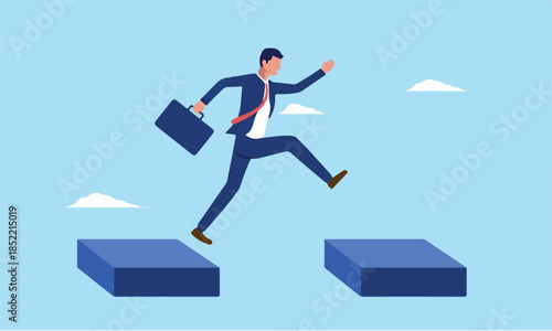 Businessman jumping - Businessperson taking chances with giant leap of faith over platform high up in sky. Business risk and step forward concept in flat design vector illustration.