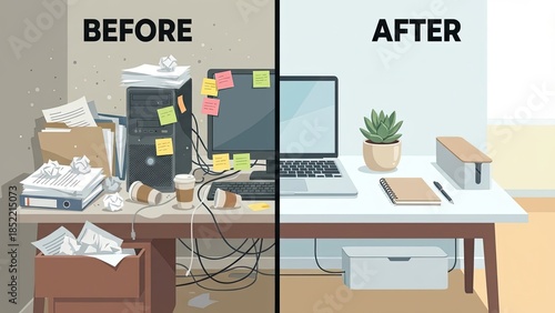 Split screen comparison vector illustration showing messy chaotic office desk versus clean organized workspace representing productivity improvement and organization skills for business efficiency 