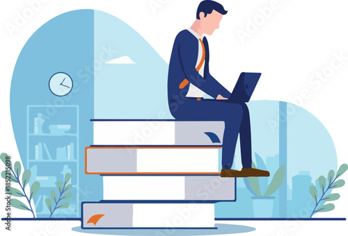 Businessman learning business - Male person sitting on books with laptop studying and educating himself. Career development concept. Vector illustration with white background.