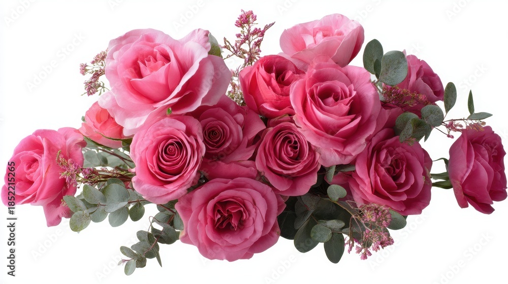 Obraz premium Pink roses are arranged with green leaves and small flowers. This display is suitable for events like weddings or parties. It adds color and charm to any setting.