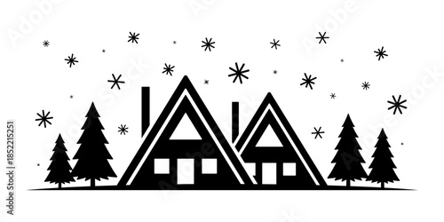 Houses in the forest. Black silhouette. Front view. Vector simple flat graphic illustration. Isolated object on a white background.