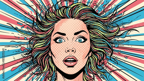 A young woman with headphones screaming in a cartoon vector illustration style featuring artistic hair and fashion design