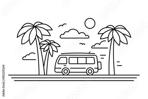 Minibus, surfboard, and palm trees. Black outline line silhouette. Editable strokes. Side view. Vector simple flat graphic illustration. Isolated object on a white background. Isolate.
