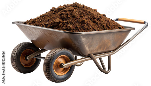 A wheelbarrow filled with loose brown dirt