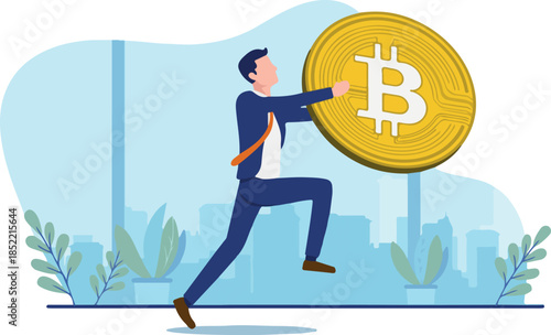Businessman running away with bitcoin - Man in business wear hurrying with big coin. Institutions buying crypto currency quick concept. Vector illustration