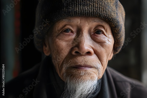 Portrait of a wise asian senior man with a wool cap looking at the camera