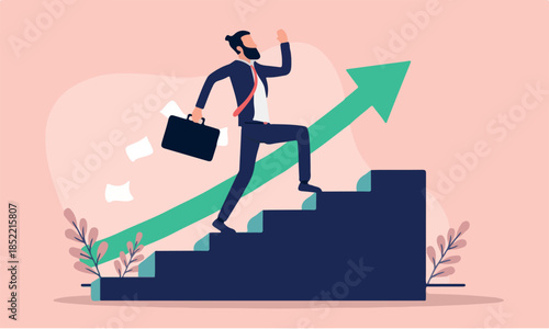 Businessman to the top - Man running up stairs with green arrow. business and career climb and growth concept. Flat design vector illustration.