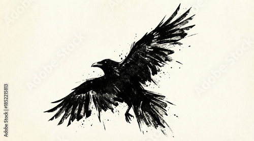 Dramatic black ink painting of a flying raven with ink splatters