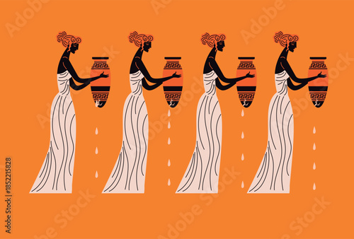 The Danaides carrying leaking jars as eternal punishment in Greek mythology