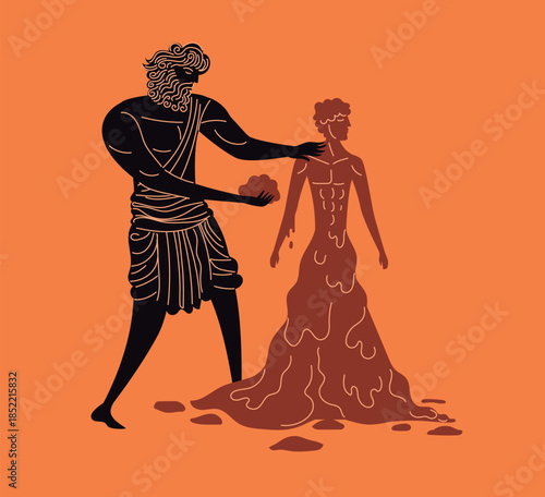 Prometheus shaping the first human from clay in Greek mythology