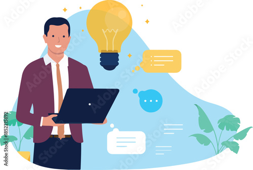 Businessman with a computer getting a new idea, showcasing innovation, creative thinking, problem-solving, and digital productivity for business solutions. Flat design style vector illustration.
