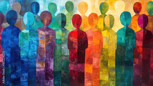 Diverse group of people silhouetted in a spectrum of colors, representing unity and community. A captivating symbol of inclusion and collaboration. AI Generative