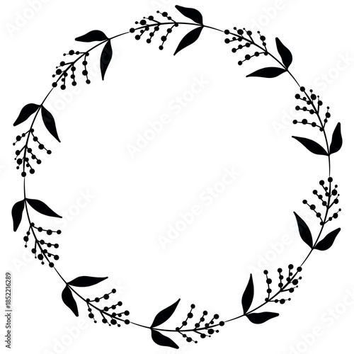 Hand drawn plants, dividers, wreaths, border frames. Circle floral frame with leaves on white background. Vector hand drawn illustration for wallpaper, posters, card. Copy space. Doodle style.