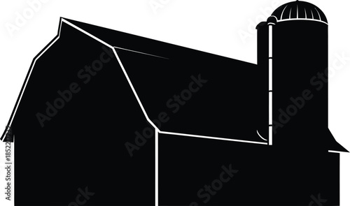 Black silhouette of a barn with silo isolated on transparent background