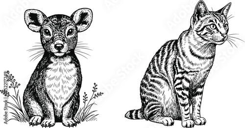 A black and white illustration of a mouse and tiger isolated on transparent background