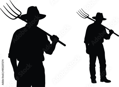 Two silhouettes of farmers isolated on transparent background with pitchfork tools