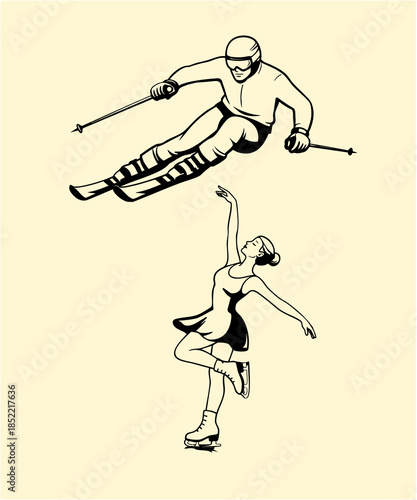 Active Sports Stylized Illustration of Skier and Figure Skater in Motion Vector