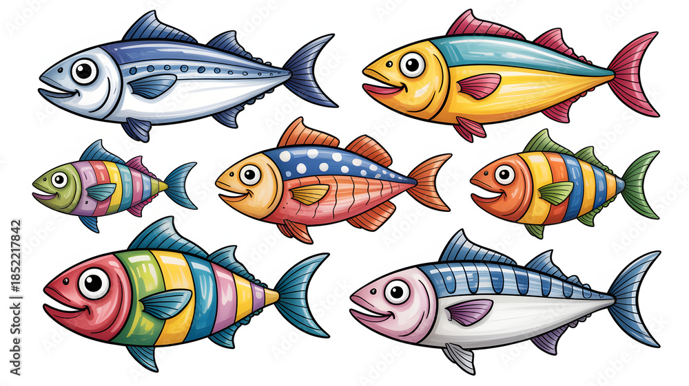Fototapeta premium Colorful cartoon fish set representing marine life