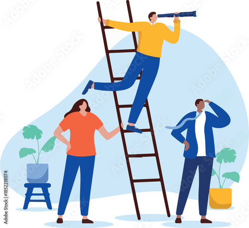 Businesspeople looking forward - Team of people looking ahead with binoculars standing on ladder, planning the future of business and company. Flat design vector illustration with white background.