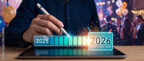 Digital Loading Bar Switching from 2025 to 2026 New Year Concept on Tablet