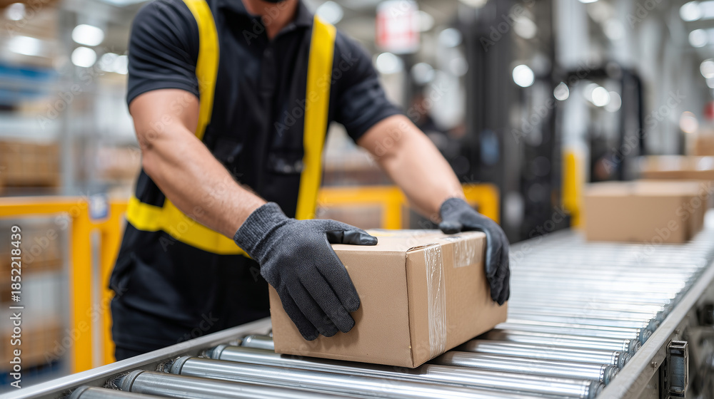 Fototapeta premium Macro view of a workerâs gloved hands stacking parcels on a conveyor belt, metal rollers and package textures sharply focused, blurred warehouse shelves and forklifts in background