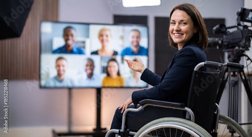 Disabled Woman in Wheelchair Leading Video Conference Meeting Business Concept