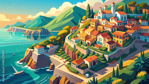 Very beautiful aerial view of the Amalfi Coast showcasing dramatic cliffs, turquoise Mediterranean waters, and colorful seaside villages glowing under bright sunlight along southern Italy’s coastline.