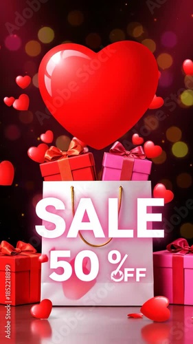 A heart balloon with the word SALE stands in front of a shopping bag with gift boxes and discount numbers in the background. Concept of retail promotion and Valentine's Day. Vertical video.