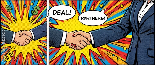 business people handshake deal agreed pop comic art style background