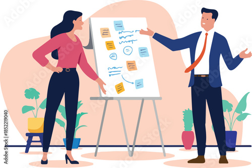 Businesspeople with flipchart - Two people, man and woman in workshop using sticky notes and scribbles to solve project problem, discussing and talking. Flat design vector illustration graphic.