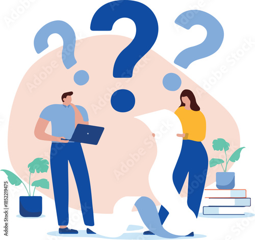 Businesspeople with question - Man and woman in office reading document, thinking and wondering trying to solve problem. Flat design vector illustration with white background