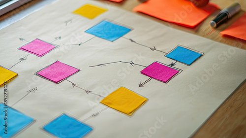 Diagram with colorful sticky notes and arrows, indicating planning or brainstorming AI Generative