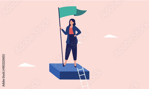 Businesswoman success - Successful woman standing on top of career ladder with green flag. Business achievement, development on accomplishment concept in flat design vector illustration