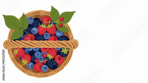 Woven basket of berries with fresh blueberries, ripe raspberries, and juicy blackberries displayed. Natural basket of berries includes vibrant fruit and green leaves, symbolizing healthy eating.
